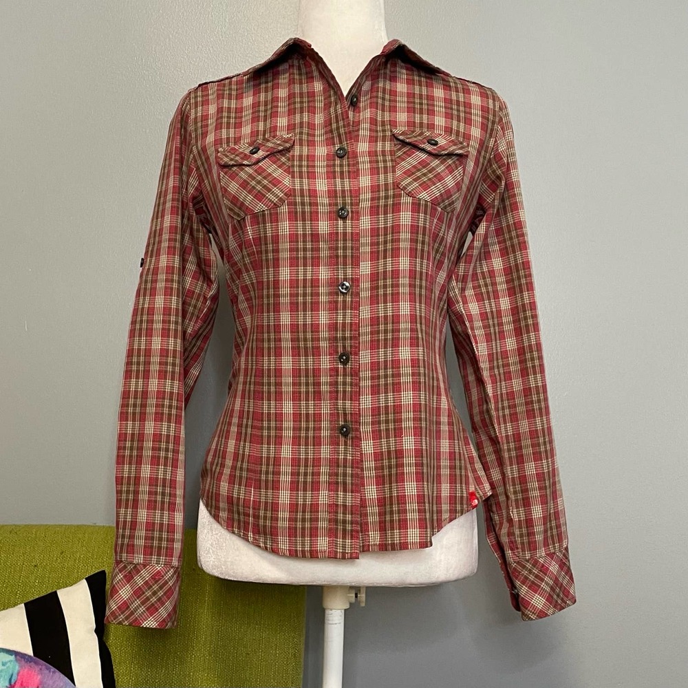 The North Face Red Brown Plaid Embroidered Button Down Shirt XS